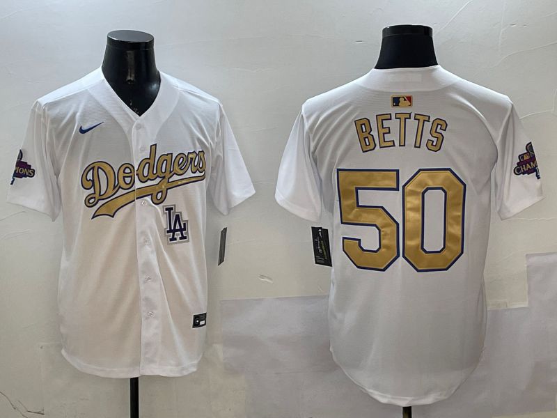 Men Los Angeles Dodgers 50 Betts White Champion gold character 2025 Nike MLB Jersey style 13